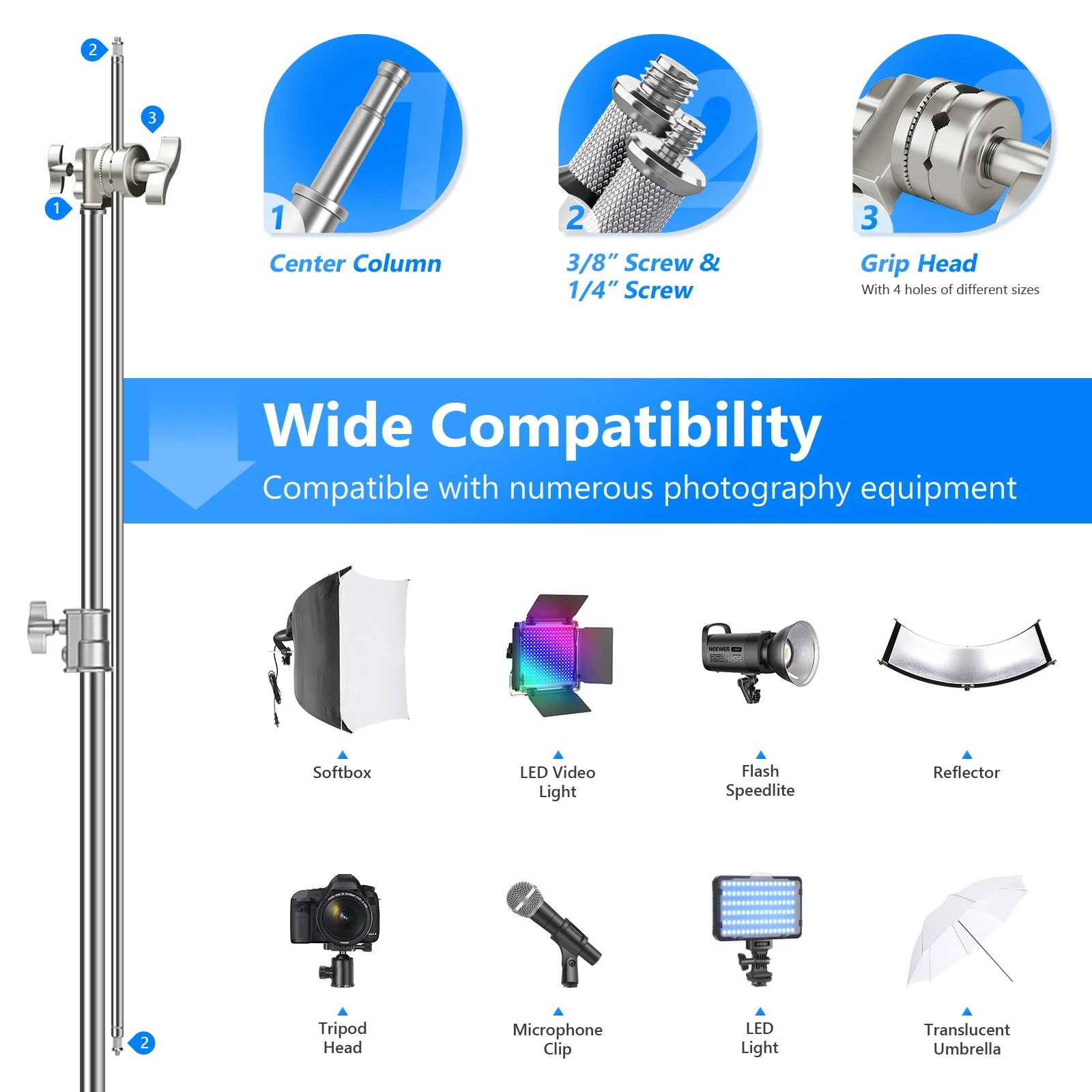 NEEWER SC320 320cm Stainless Steel C Stand with Boom Arm - Image 3