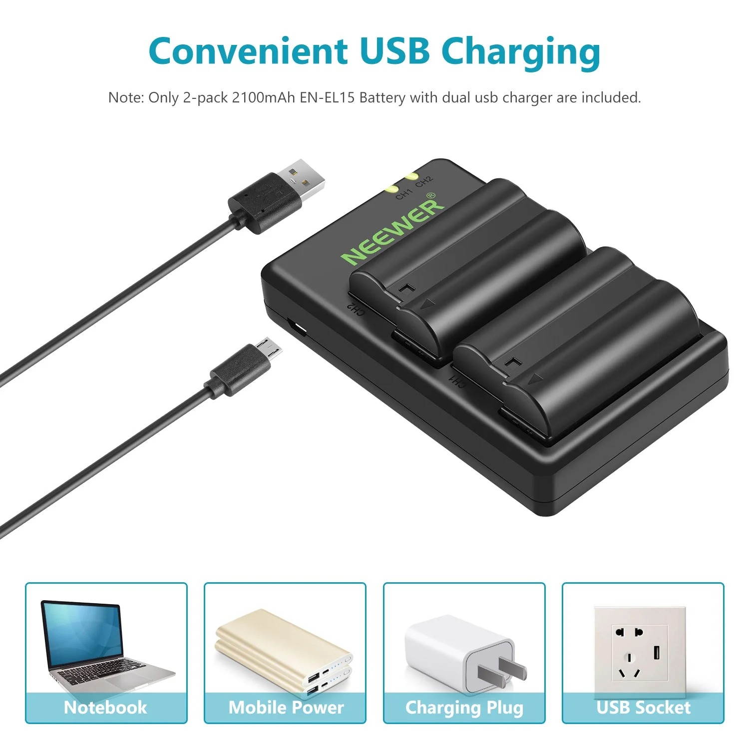 NEEWER 2-Pack EN-EL15 Battery Charger Set for Nikon - Image 4