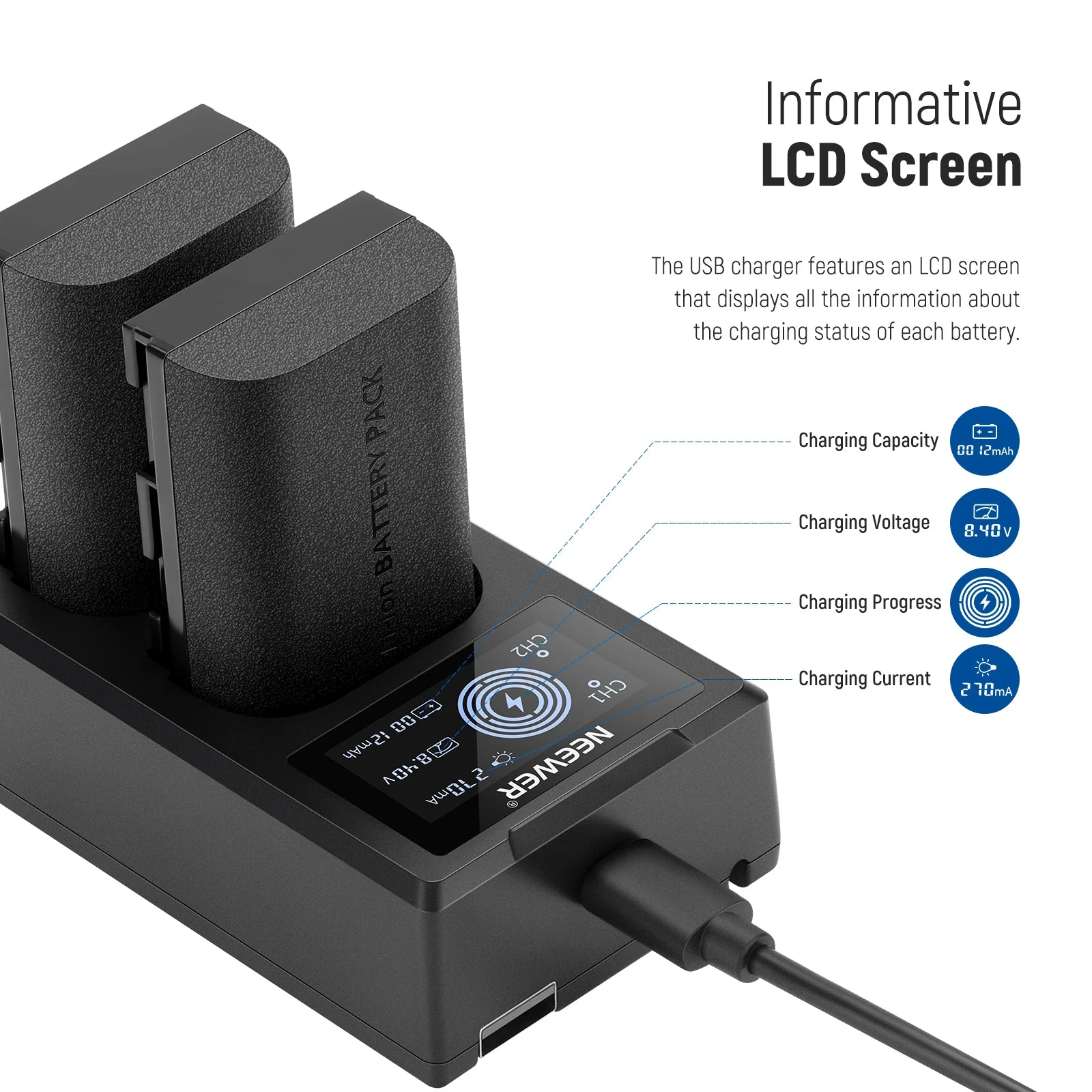 NEEWER 2-Pack LP-E6NH 2250mAh R6 II Canon Replacement Batteries Charger Set - Image 3