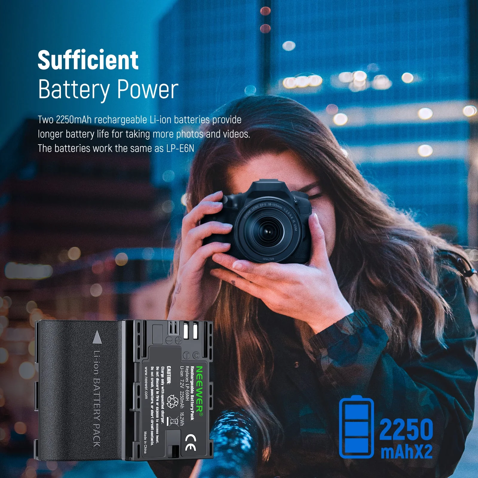 NEEWER 2-Pack LP-E6NH 2250mAh R6 II Canon Replacement Batteries Charger Set - Image 5