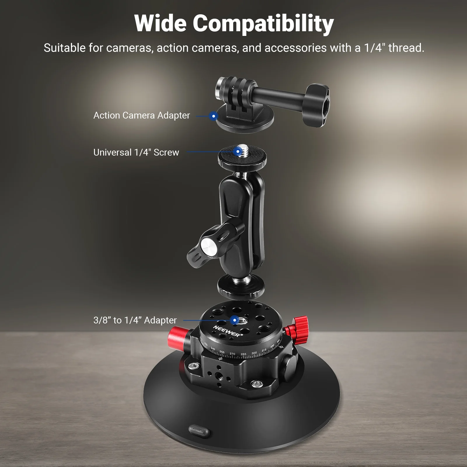 NEEWER CA013 6" Camera Suction Mount with Ball Head Magic Arm - Image 3