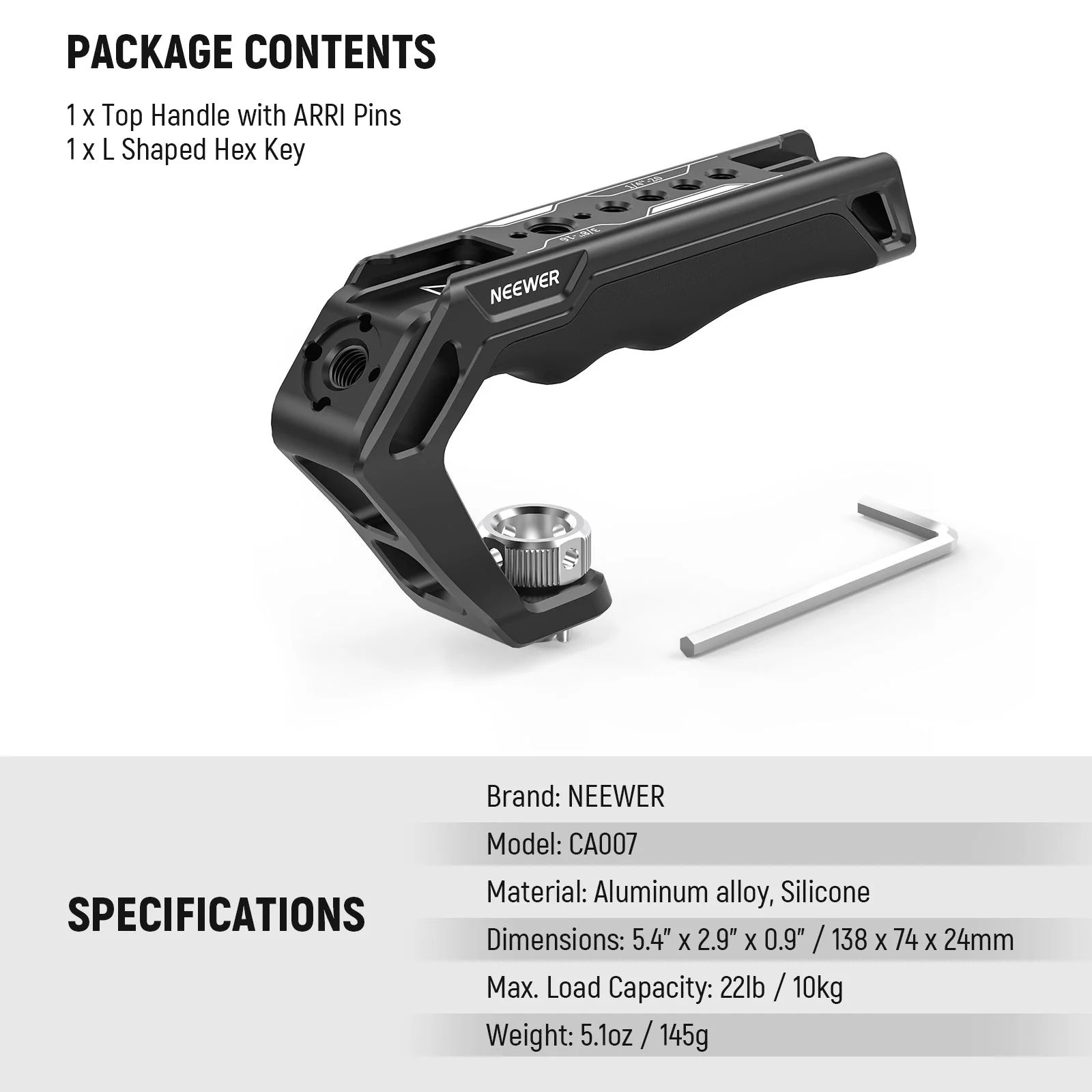 NEEWER CA007 Camera Top Handle with 3/8" ARRI Locating Pins - Image 9