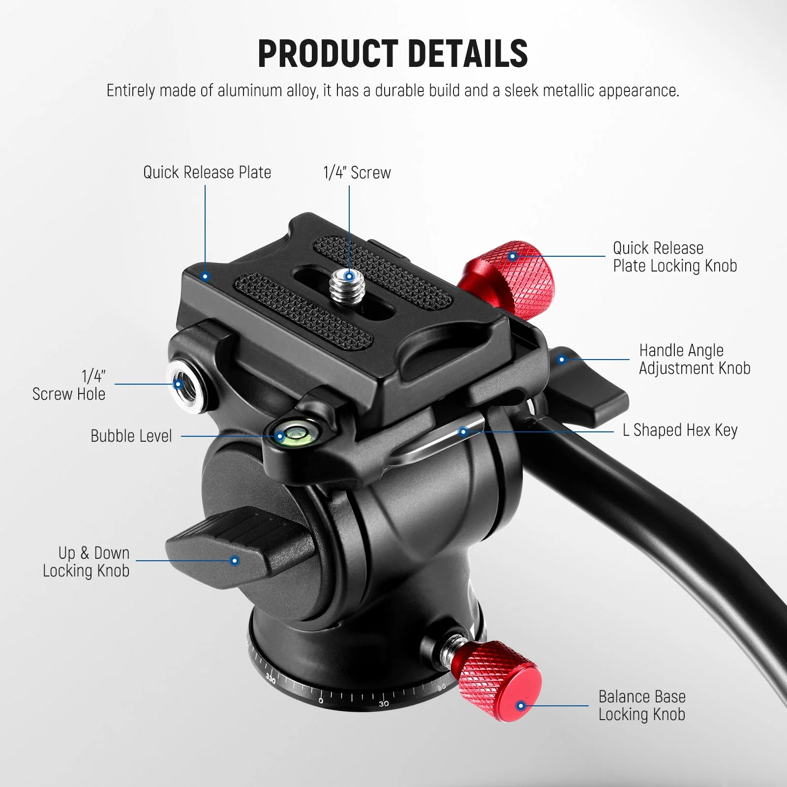 NEEWER GM23 Fluid Tripod Head with Handle & Arca Type Quick Release - Image 7