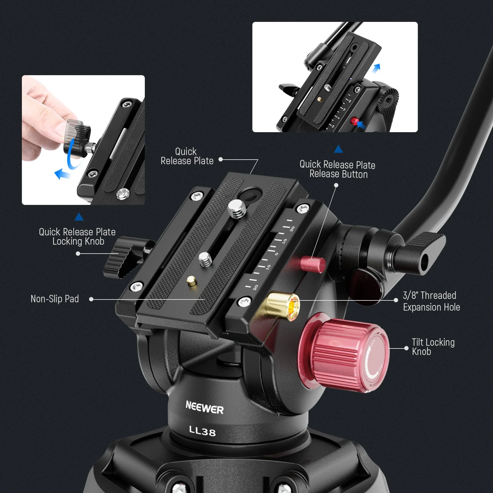 NEEWER LL38 79"/200 cm Video Tripod with Fluid Head - Image 5