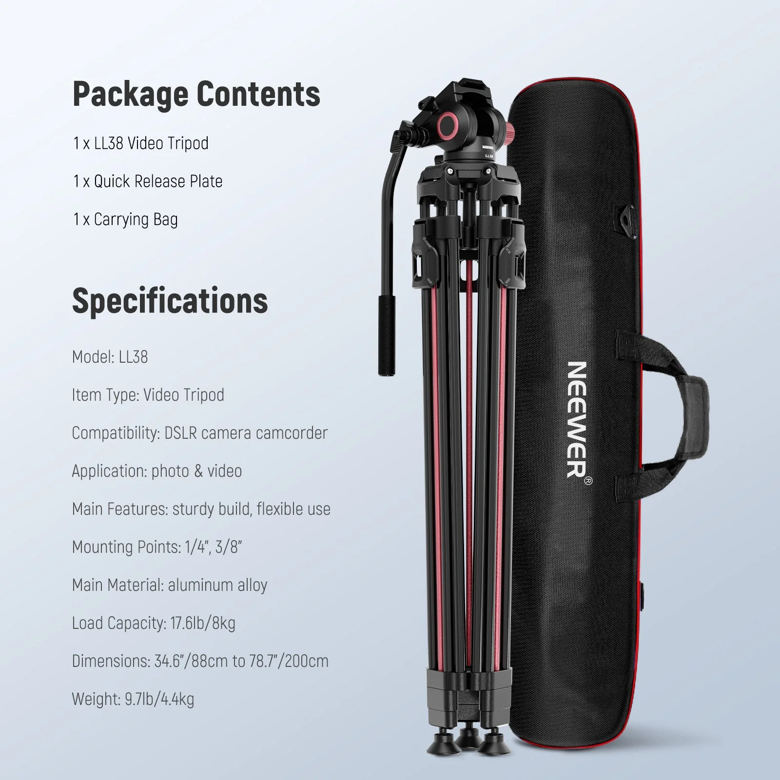 NEEWER LL38 79"/200 cm Video Tripod with Fluid Head - Image 9
