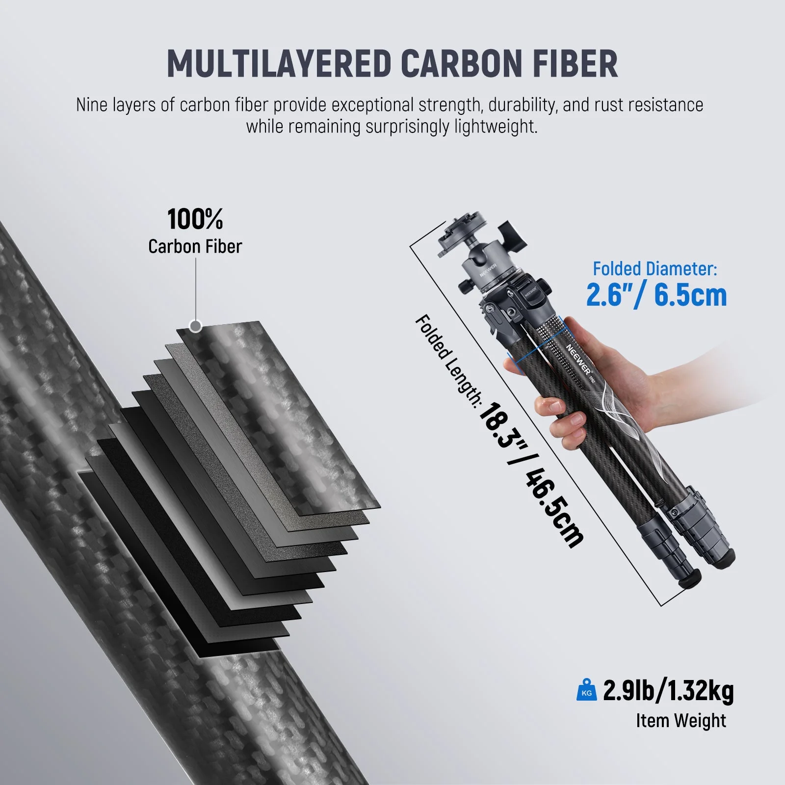 NEEWER LT34 62" Carbon Fiber Travel Tripod - Image 3