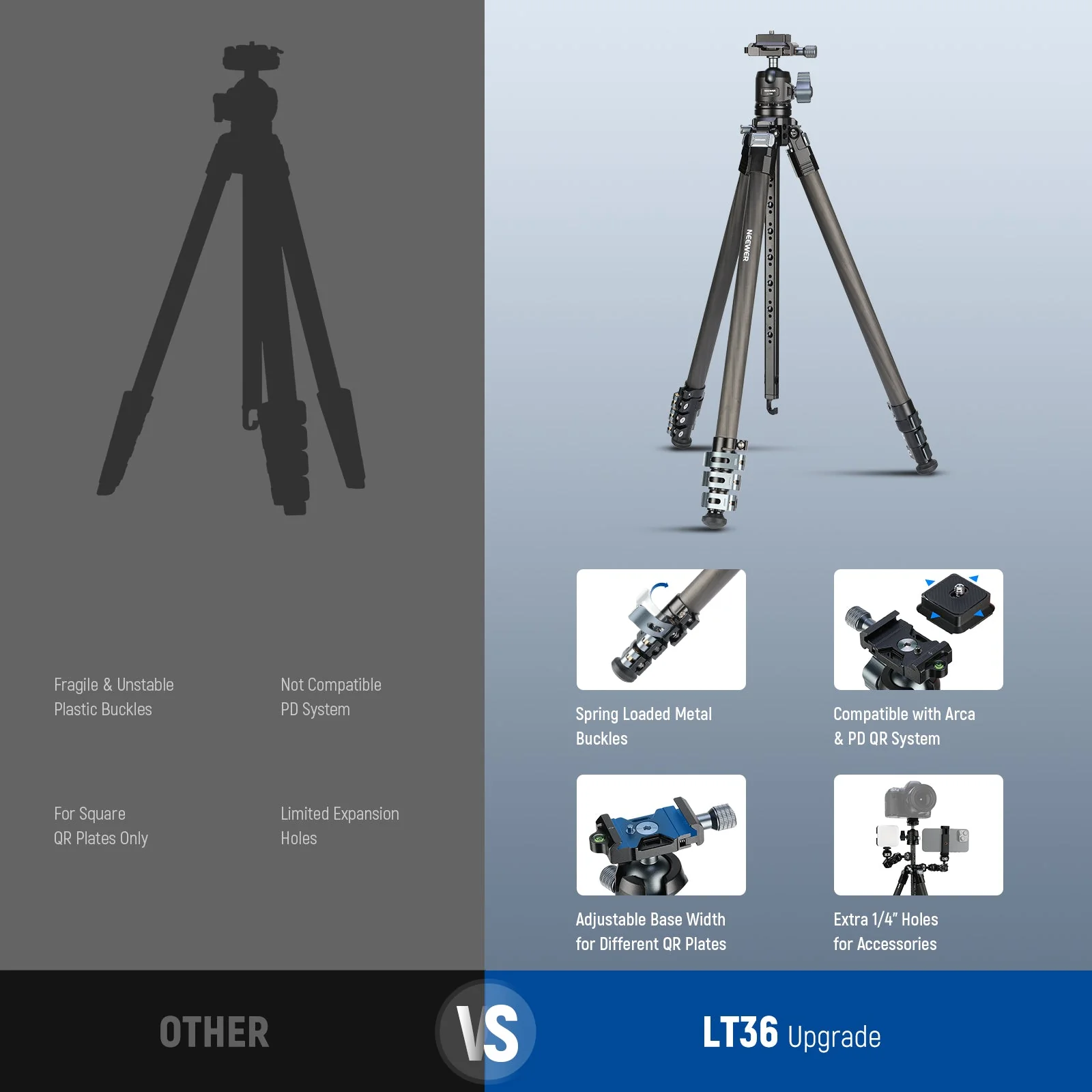 NEEWER LT36/LT37 60.4" Carbon Fiber Travel Tripod - Image 8