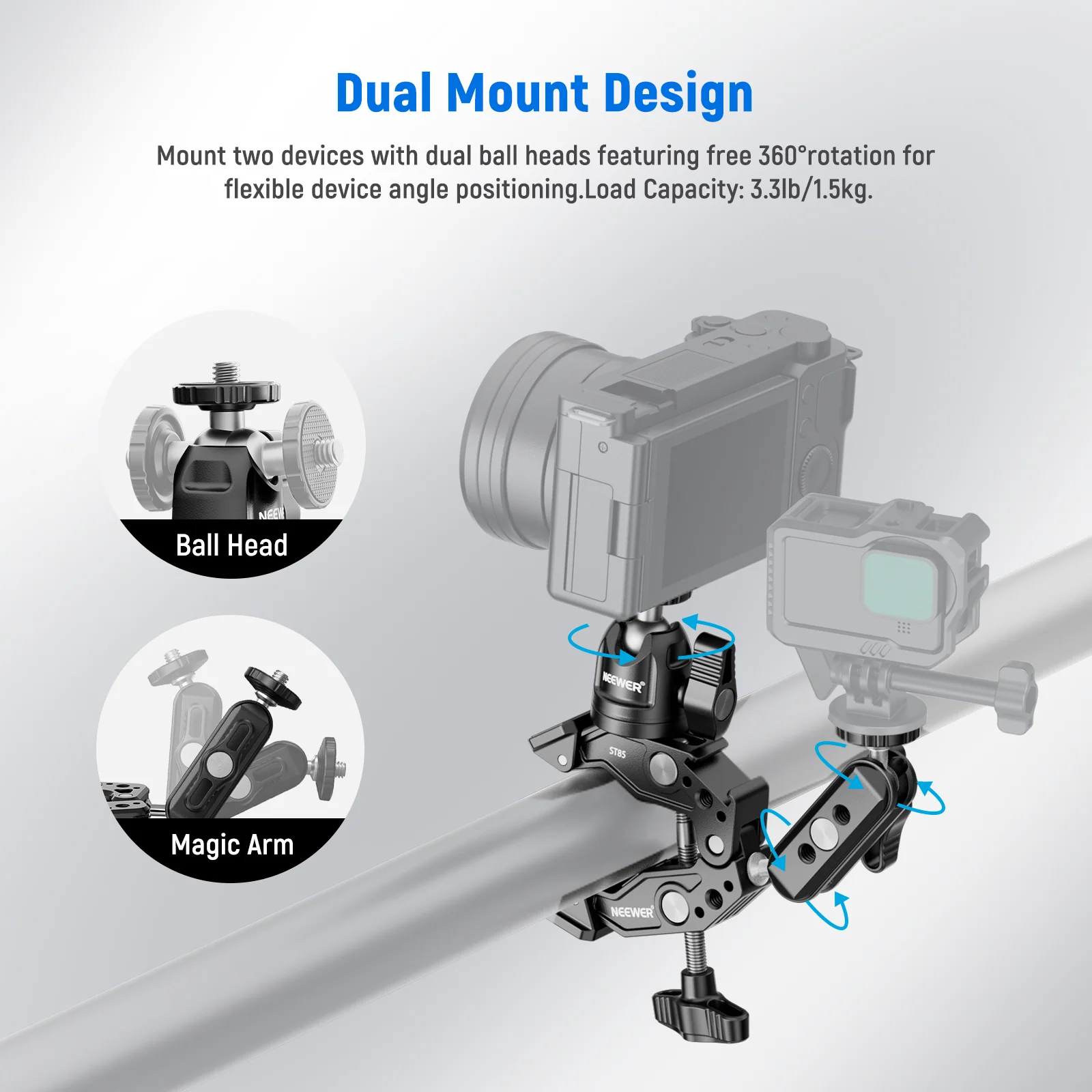 NEEWER ST85 Super Clamp with 3" Dual Ballhead Magic Arm - Image 3