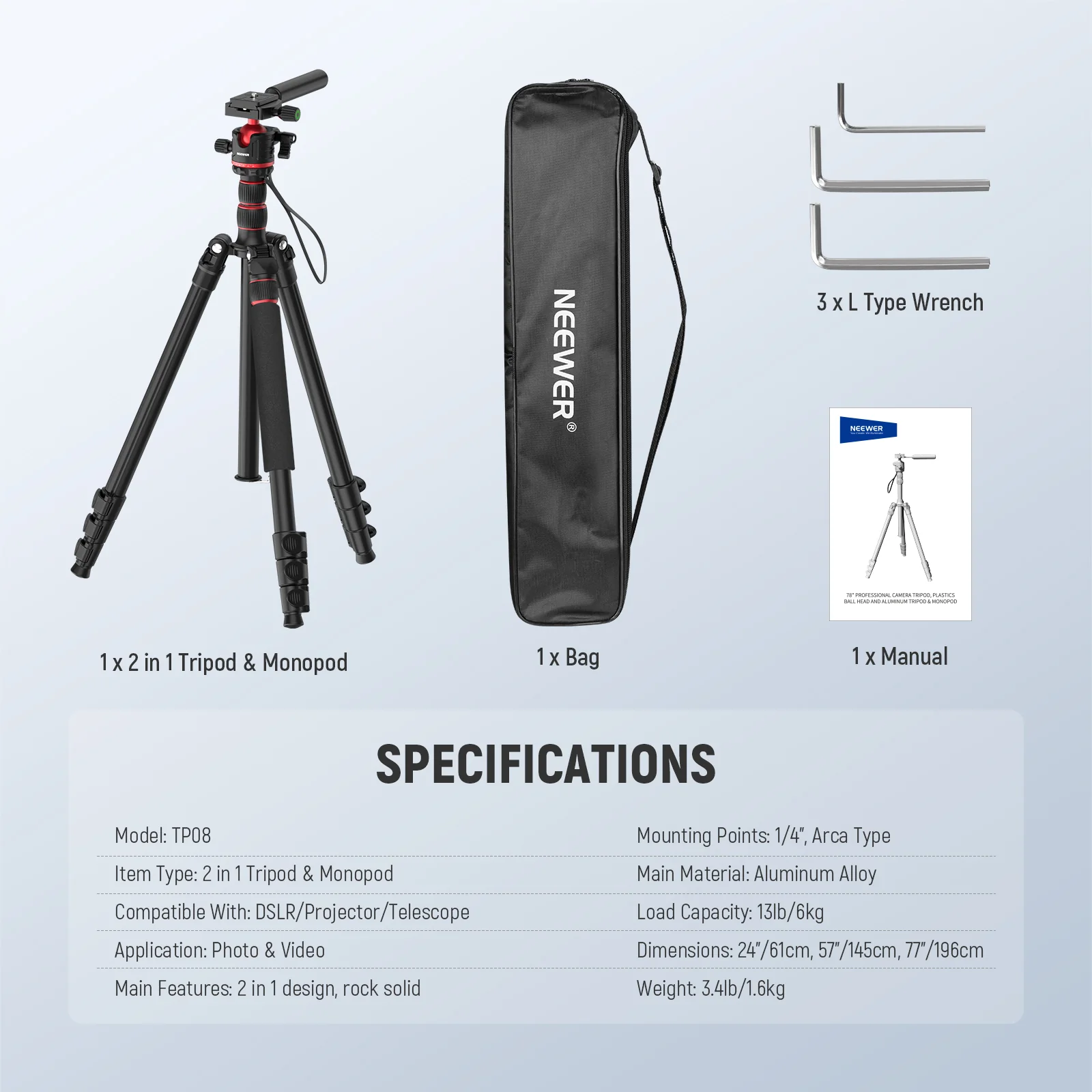 NEEWER TP08 77" Camera Tripod Monopod - Image 9