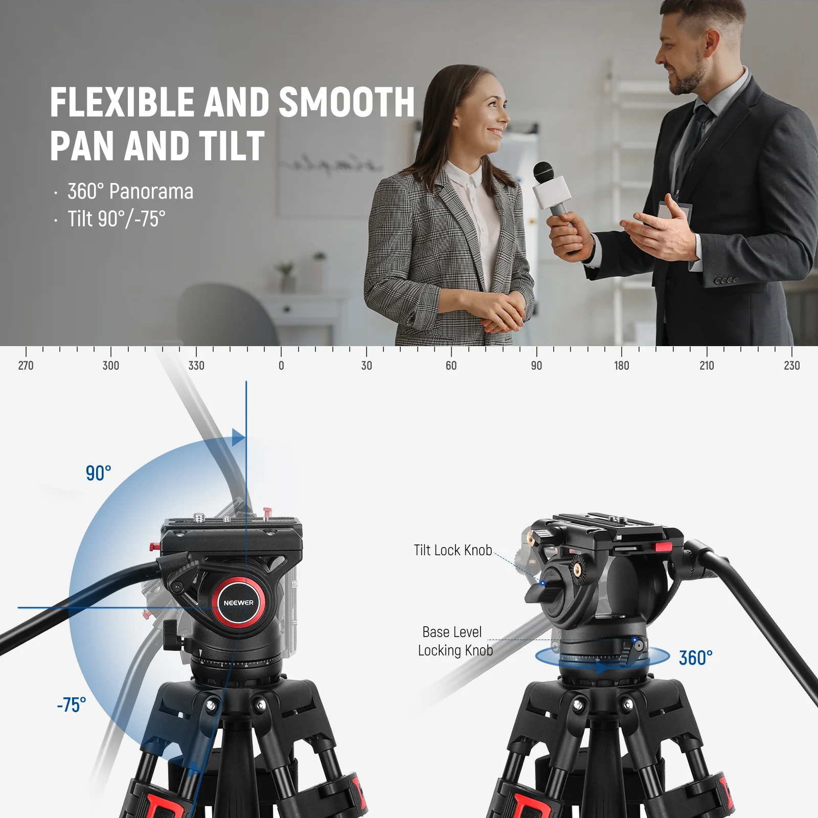 NEEWER TP74 74"/187 cm Pro Video Tripod with Fluid Head - Image 3