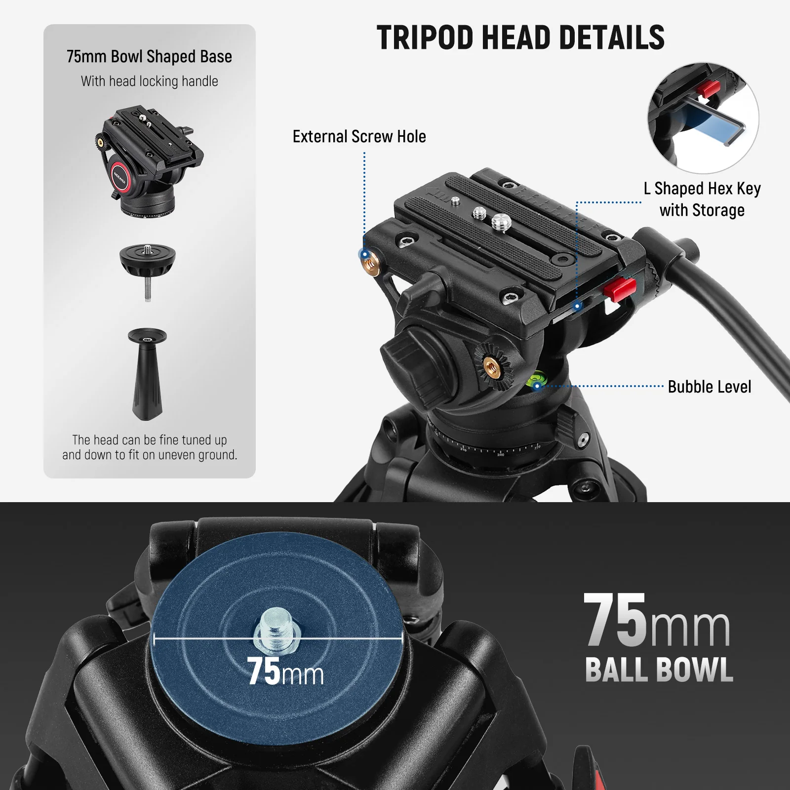 NEEWER TP74 74"/187 cm Pro Video Tripod with Fluid Head - Image 6